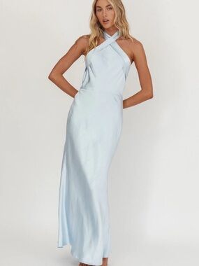 Selfie Leslie Pale Blue Crisscross Halter Satin Maxi Dress